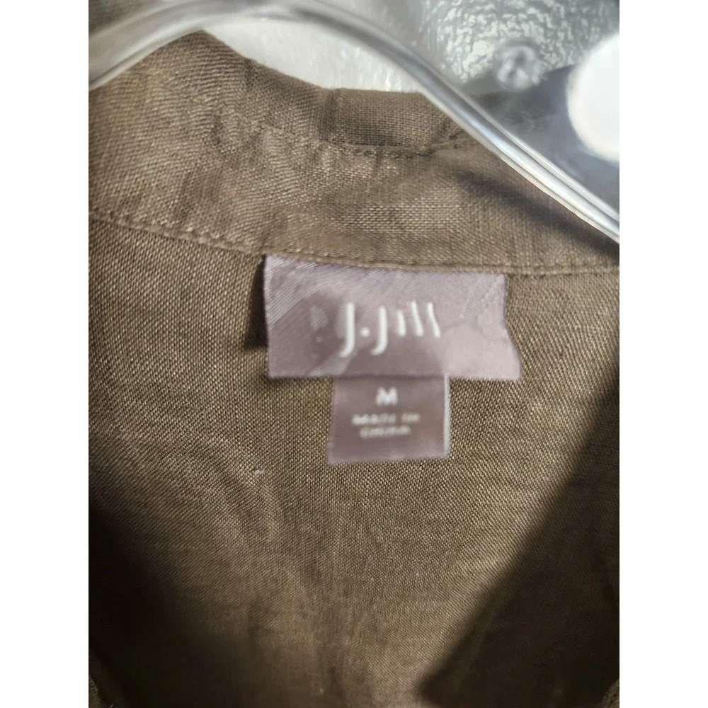 J.Jill Long Sleeve Linen‎ Button-Down Shirt Olive Green Med Beach Resort Summer - Picture 2 of 10